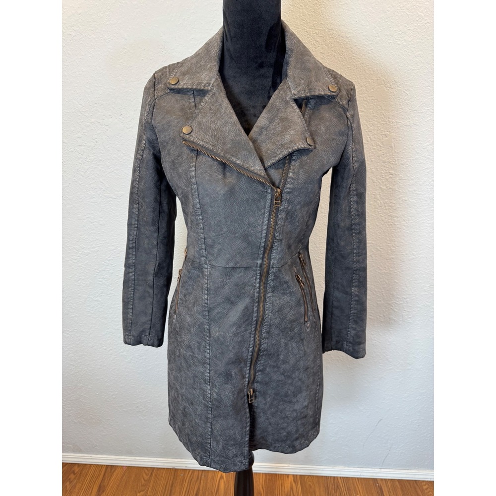 Montana Co Womens Gray Distressed Faux Leather Moto Trench Coat Long Jacket S